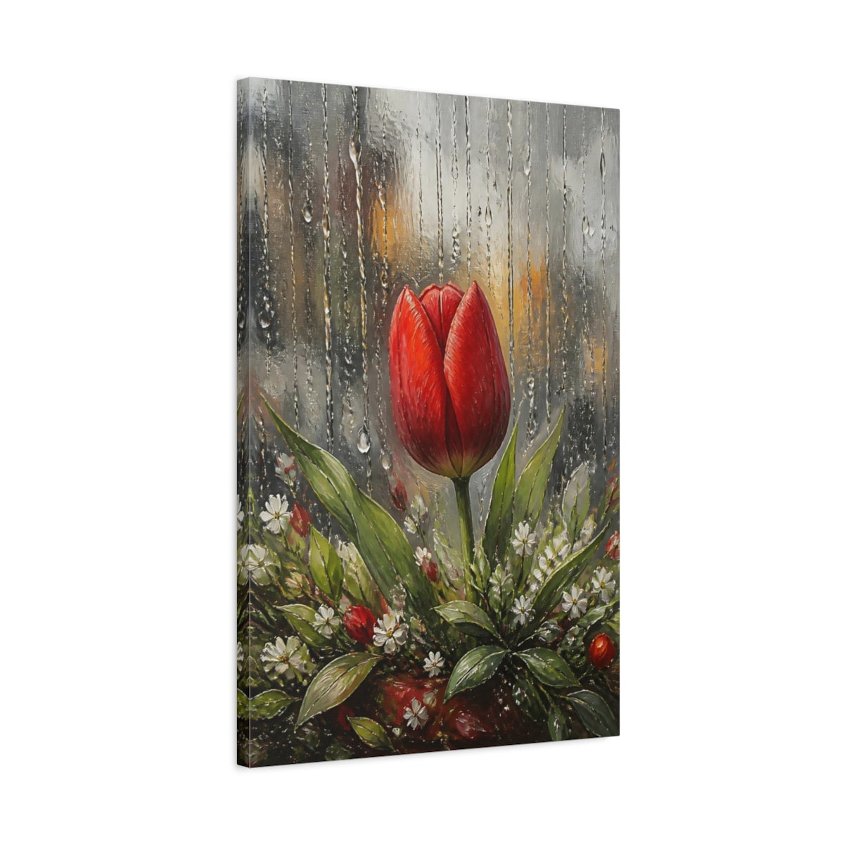 Side Mockup 2. Red Tulip In Rain shown as canvas print