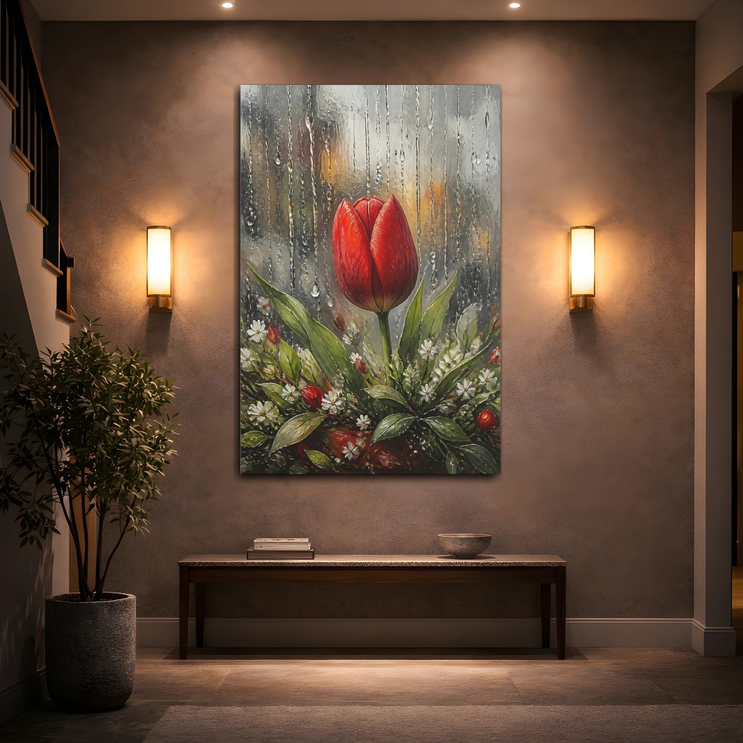 Mockup 2. Red Tulip In Rain shown as canvas print