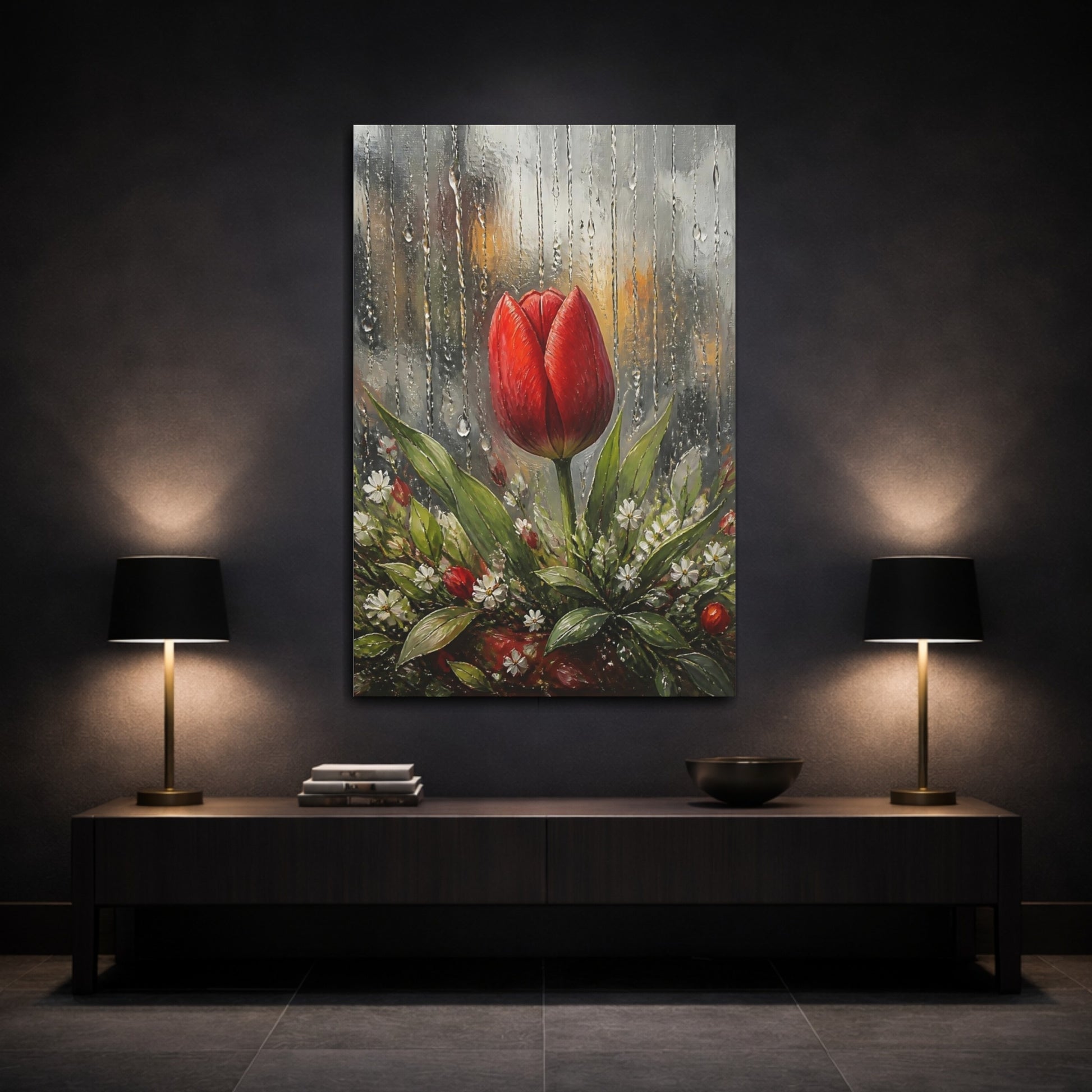 Mockup 3. Red Tulip In Rain shown as canvas print