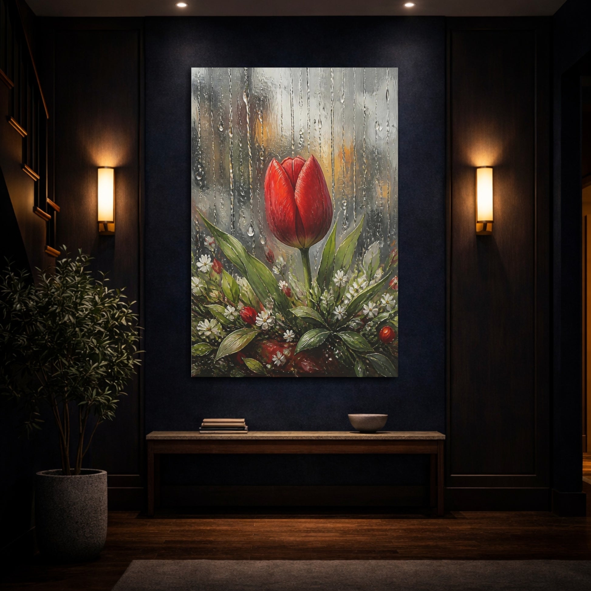Mockup 4. Red Tulip In Rain shown as canvas print
