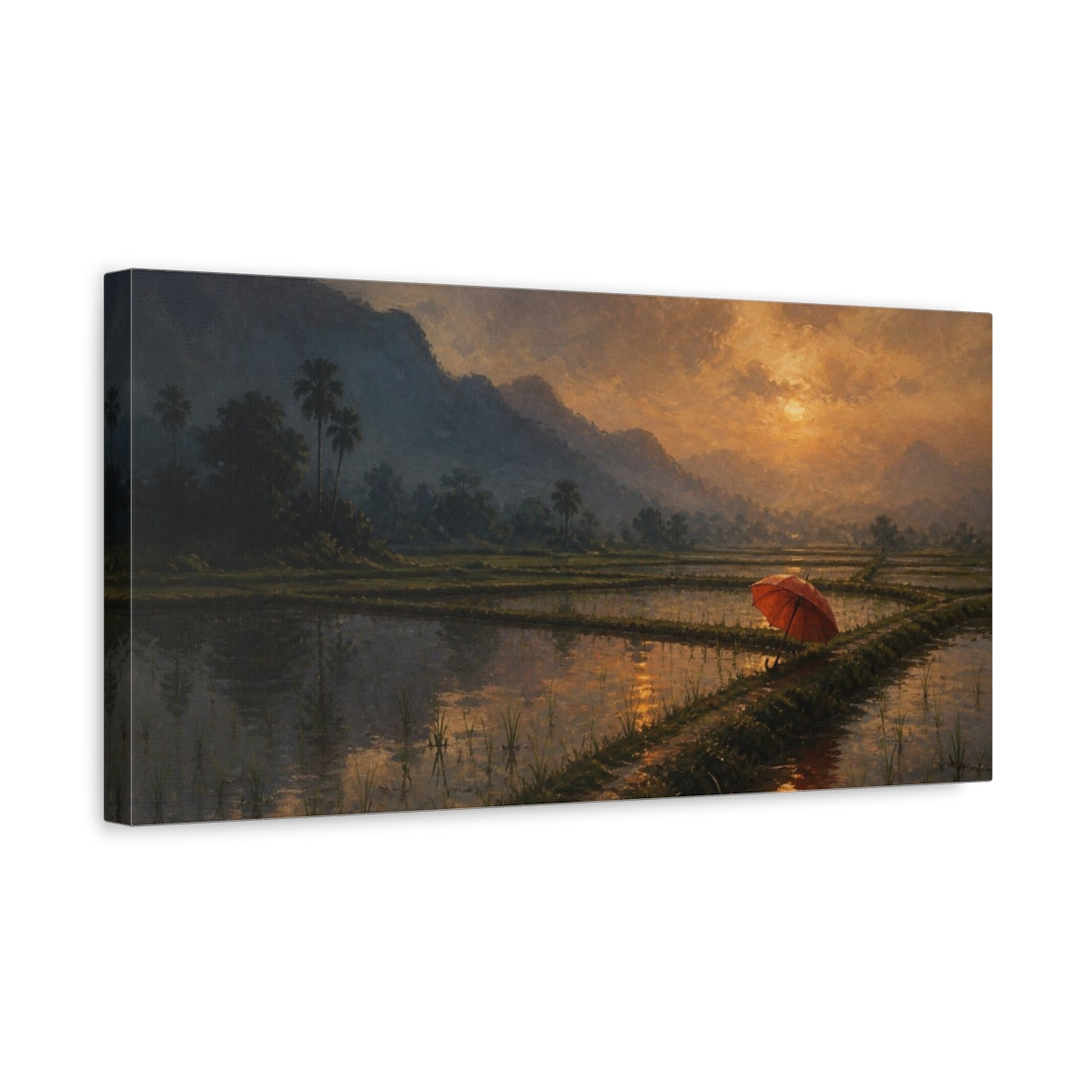 Side Mockup 3. Red Umbrella At Dusk shown as canvas print