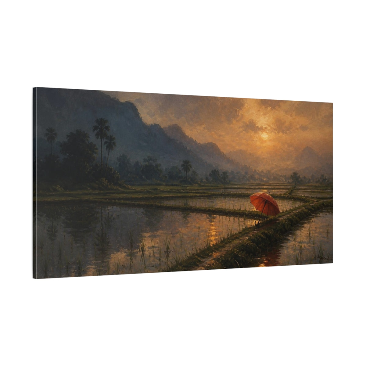 Side Mockup 2. Red Umbrella At Dusk shown as canvas print