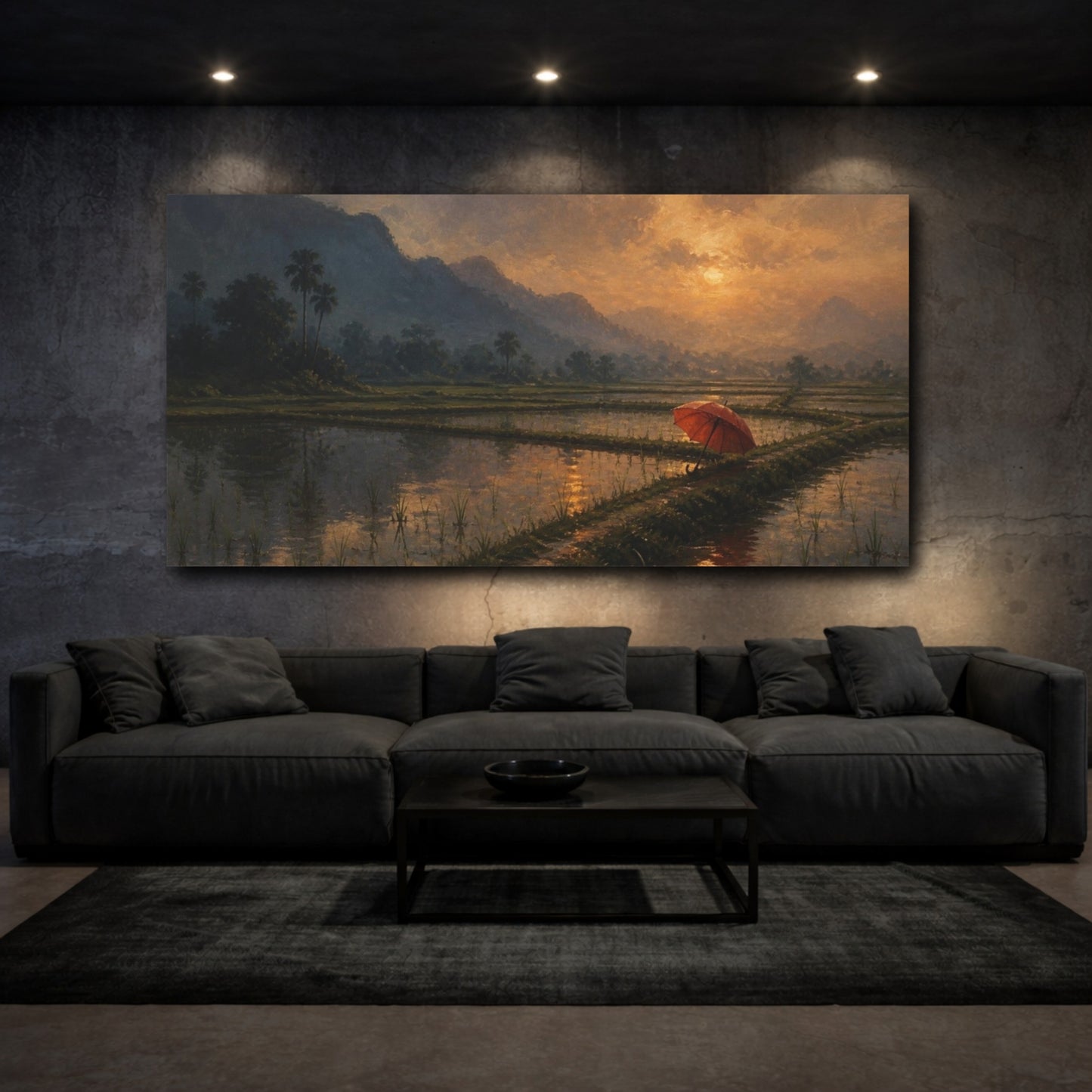 Mockup 3. Red Umbrella At Dusk shown as canvas print