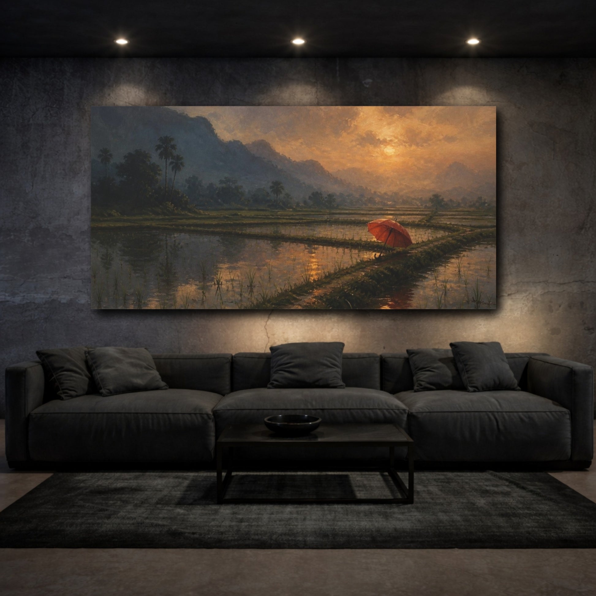 Mockup 3. Red Umbrella At Dusk shown as canvas print