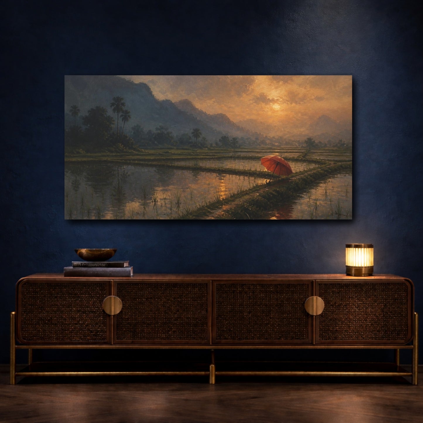 Mockup 4. Red Umbrella At Dusk shown as canvas print