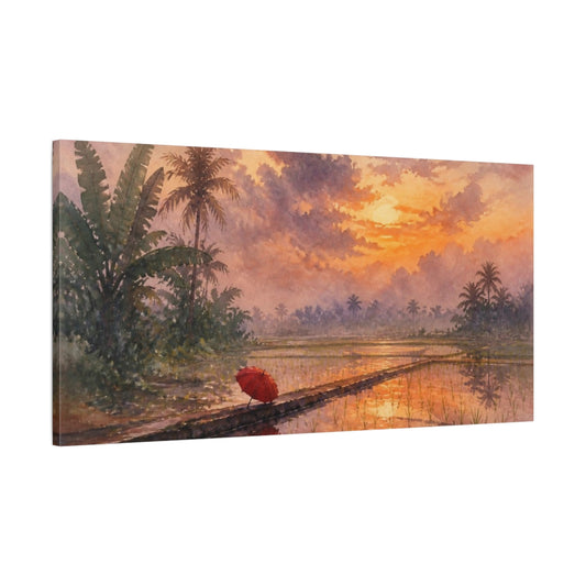 Main Mockup. Red Umbrella At Sunset shown as canvas print