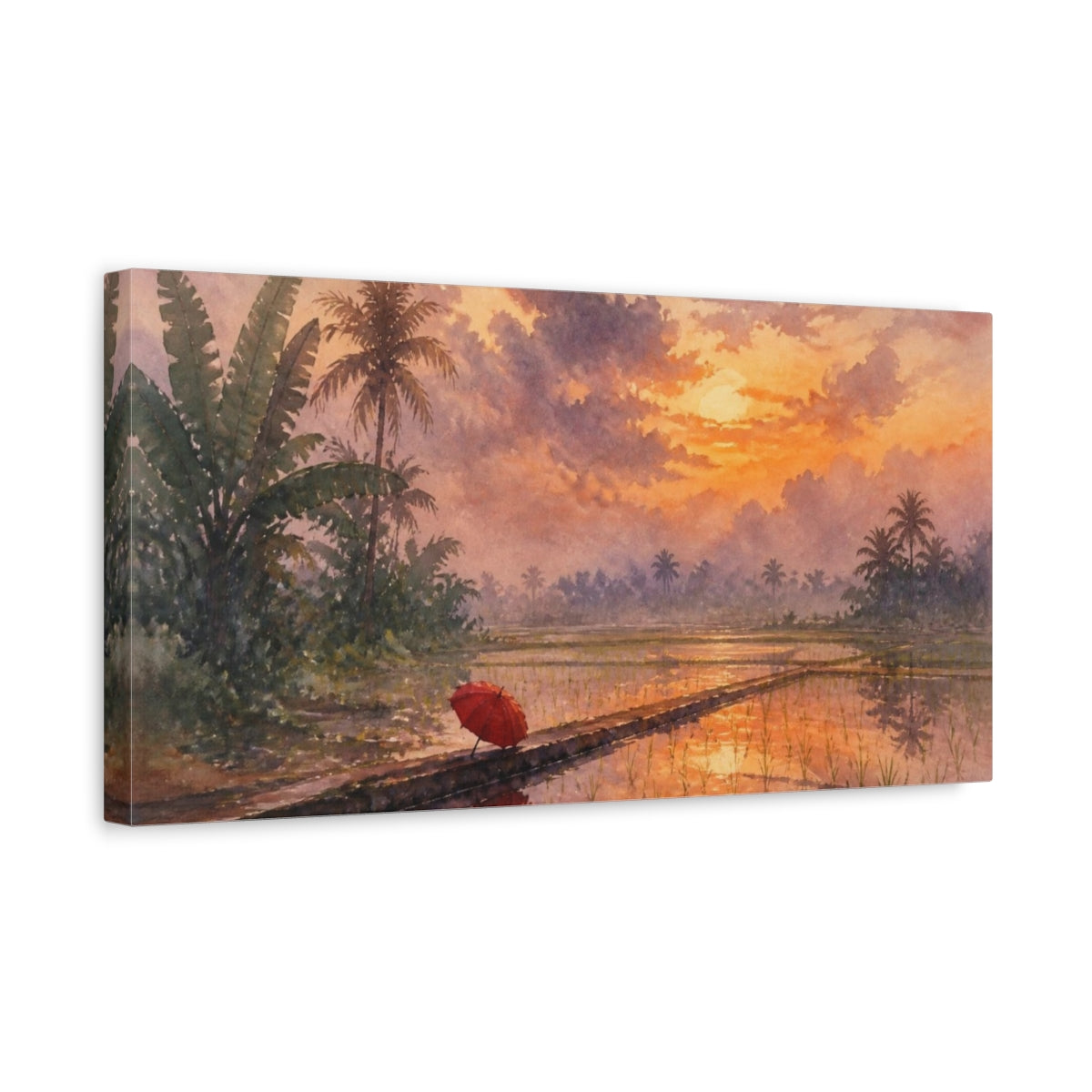 Side Mockup 3. Red Umbrella At Sunset shown as canvas print