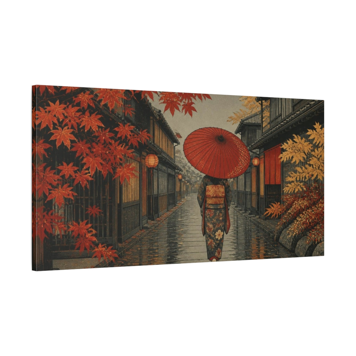Main Mockup. Red Umbrella In Maple Alley shown as canvas print