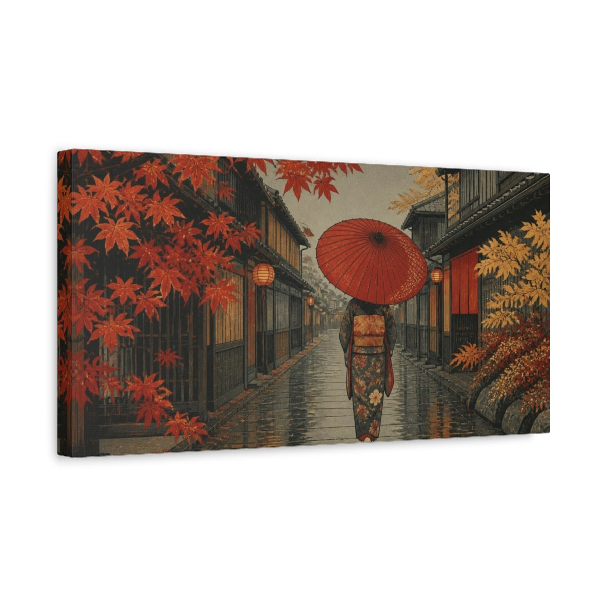 Side Mockup 3. Red Umbrella In Maple Alley shown as canvas print