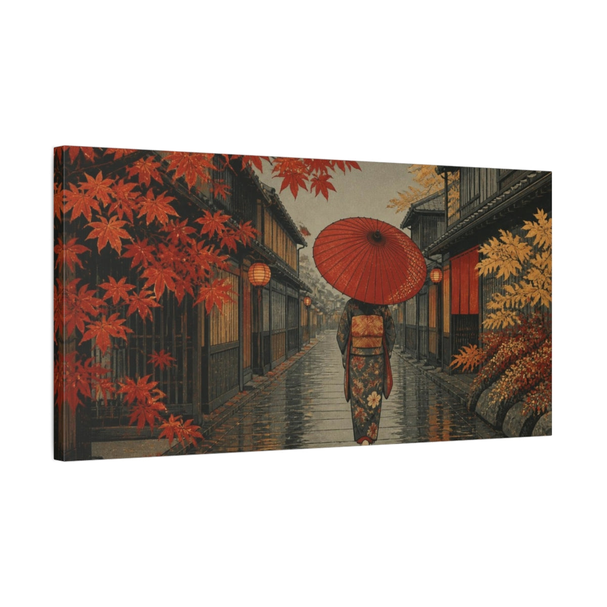 Side Mockup 1. Red Umbrella In Maple Alley shown as canvas print