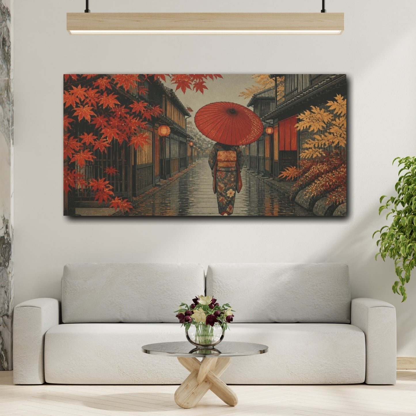 Mockup 2. Red Umbrella In Maple Alley shown as canvas print