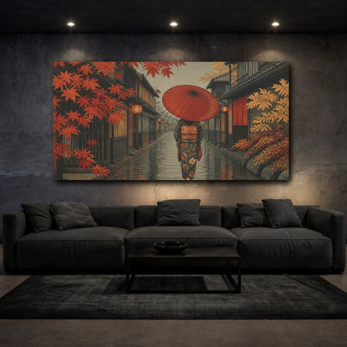 Mockup 3. Red Umbrella In Maple Alley shown as canvas print