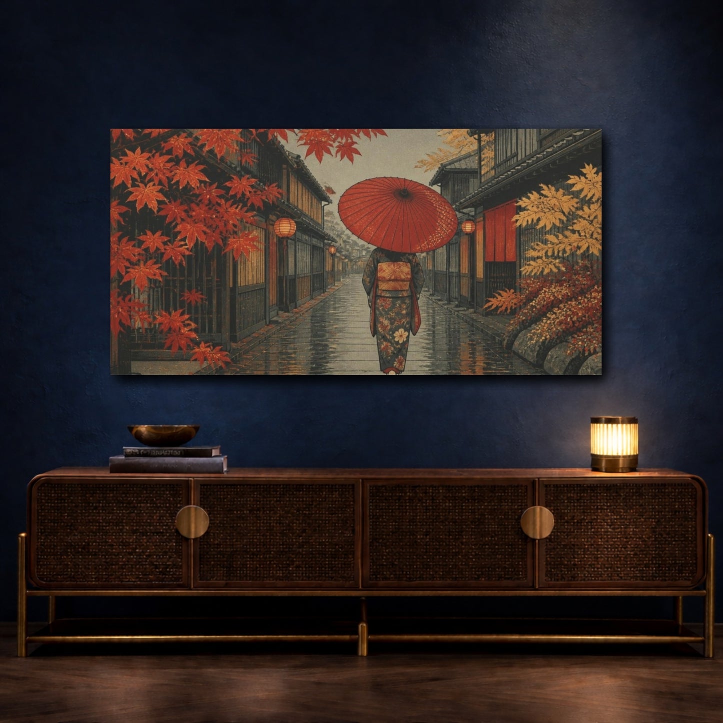 Mockup 4. Red Umbrella In Maple Alley shown as canvas print