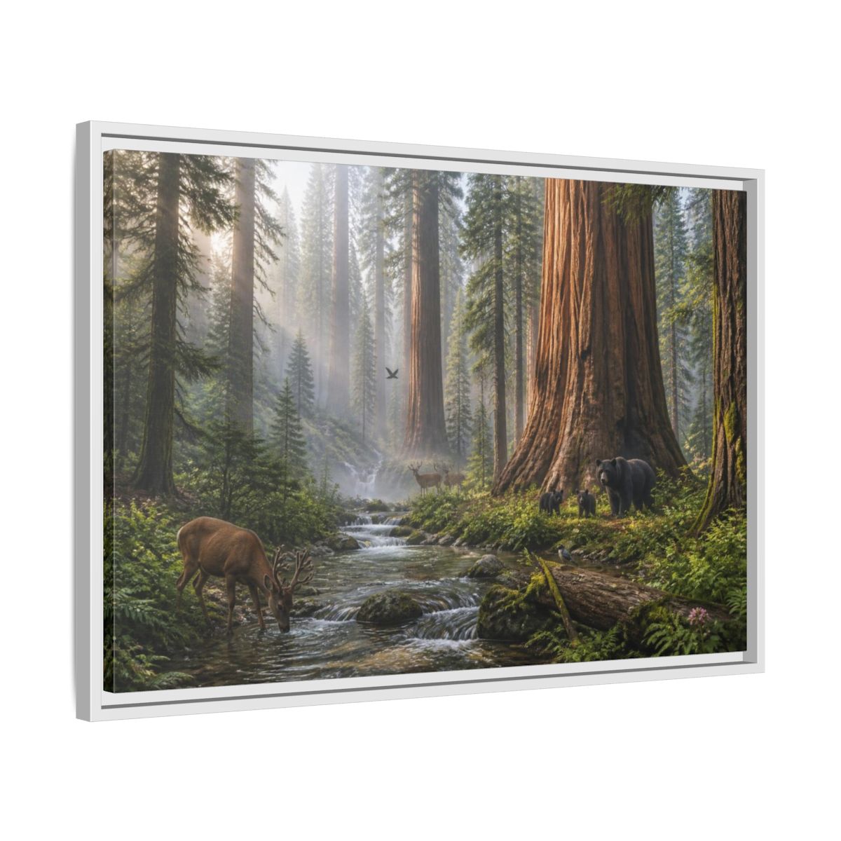 Side Mockup 10. Redwood Stream Sanctuary shown as framed canvas print