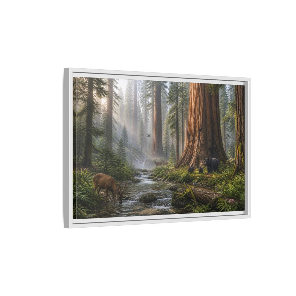 Side Mockup 1. Redwood Stream Sanctuary shown as framed canvas print