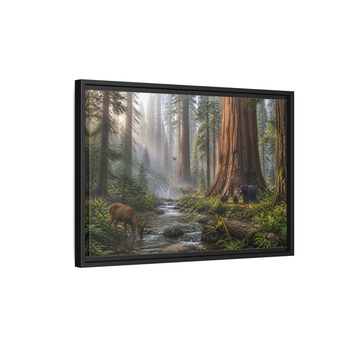 Side Mockup 3. Redwood Stream Sanctuary shown as framed canvas print