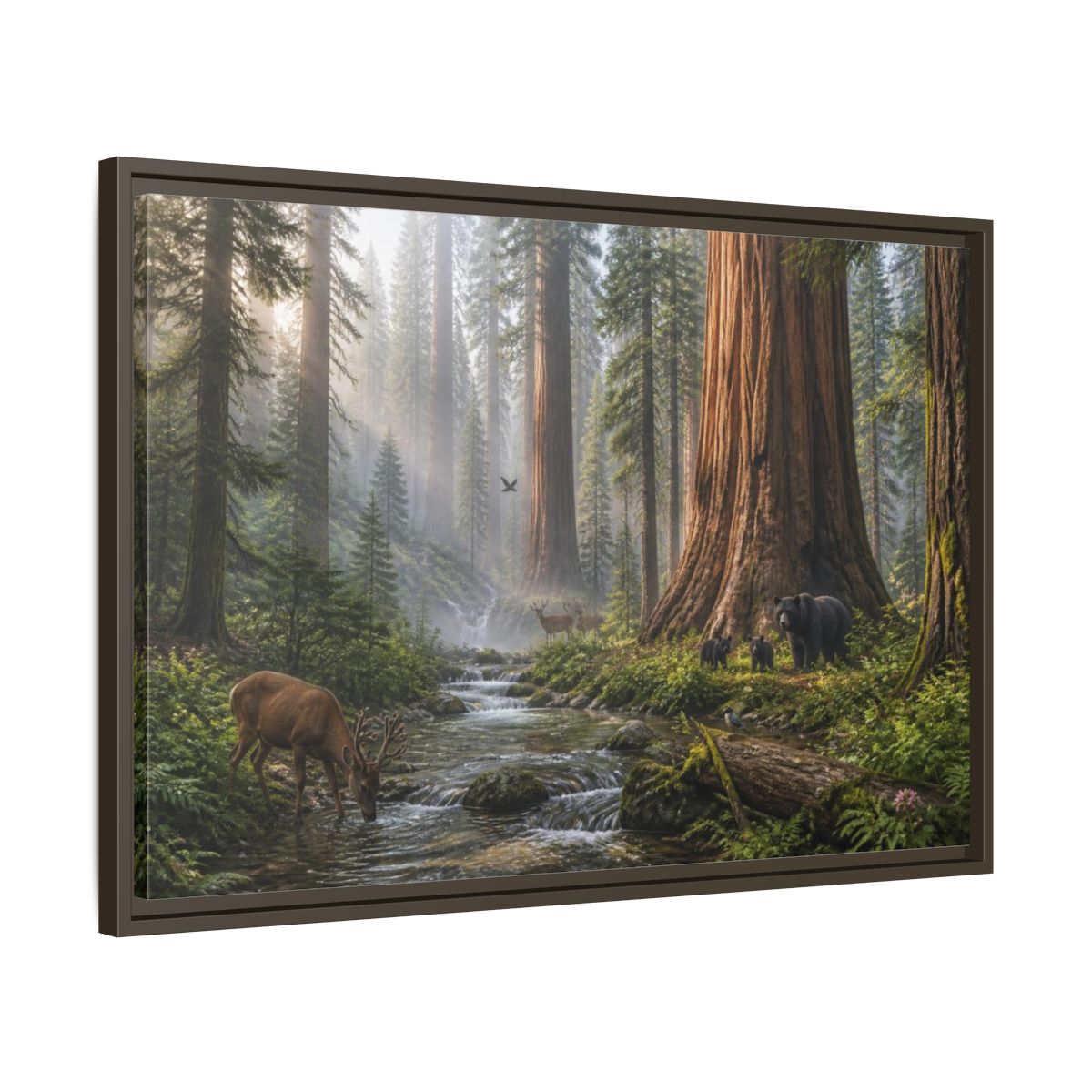 Side Mockup 11. Redwood Stream Sanctuary shown as framed canvas print