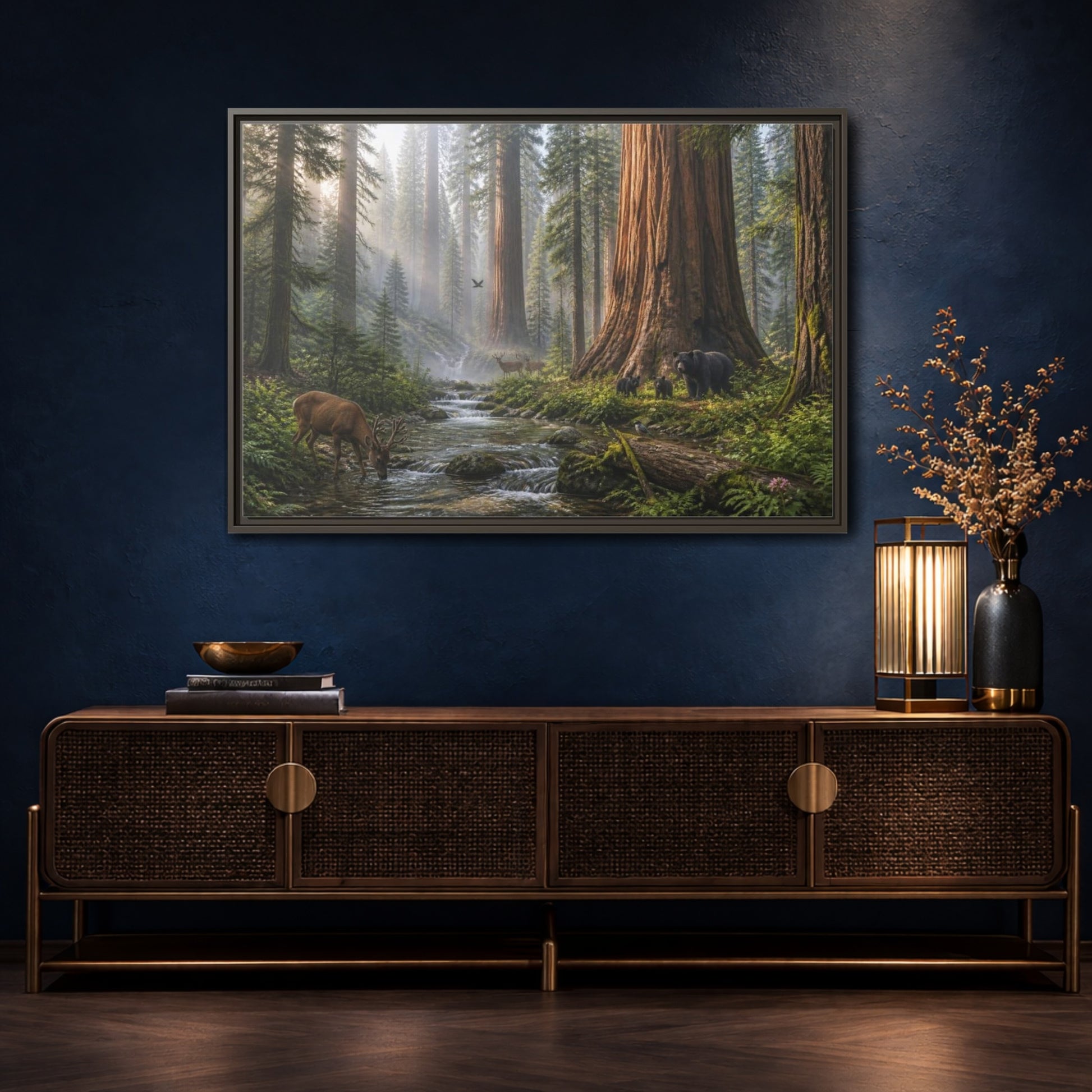Mockup 4. Redwood Stream Sanctuary shown as framed canvas print