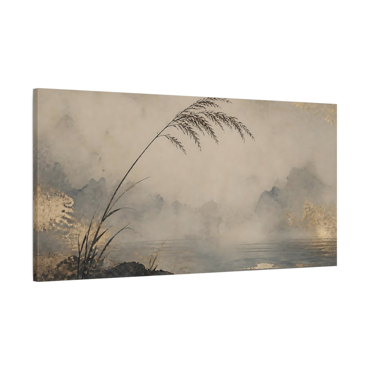 Main Mockup. Reeds By Misty Lake shown as canvas print