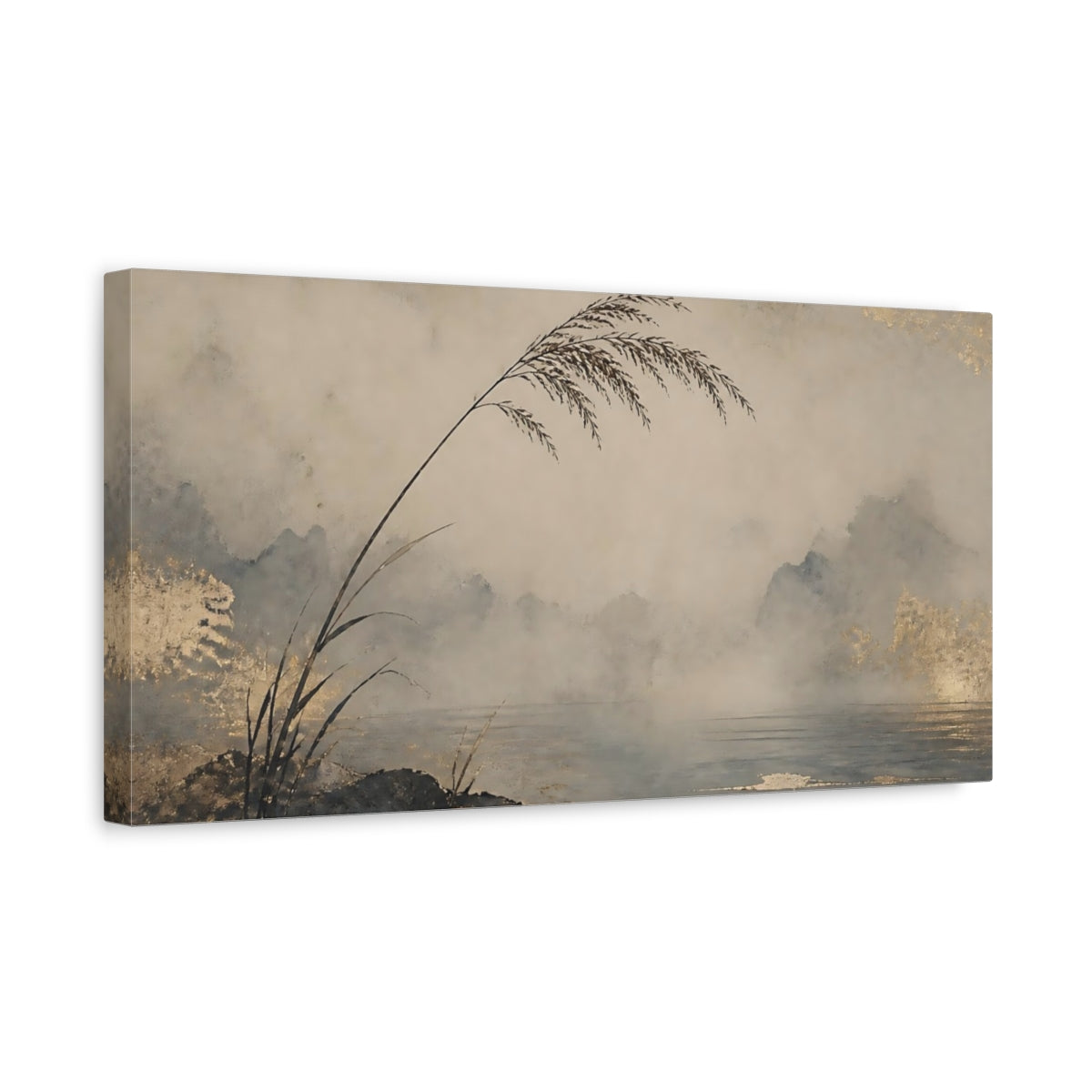 Side Mockup 3. Reeds By Misty Lake shown as canvas print