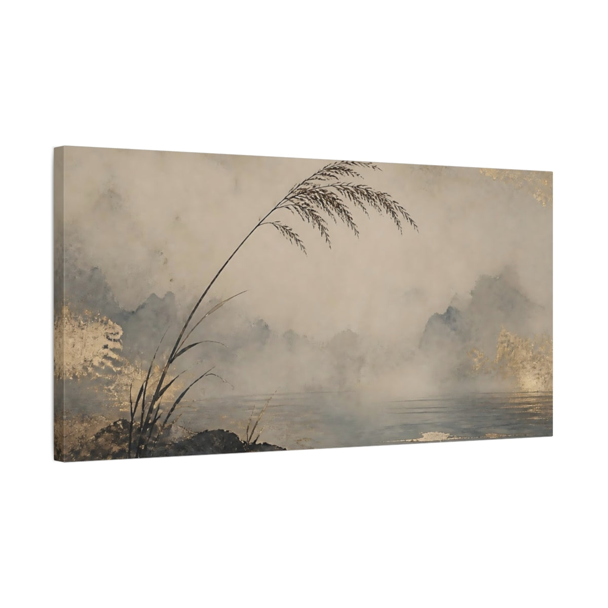 Side Mockup 1. Reeds By Misty Lake shown as canvas print