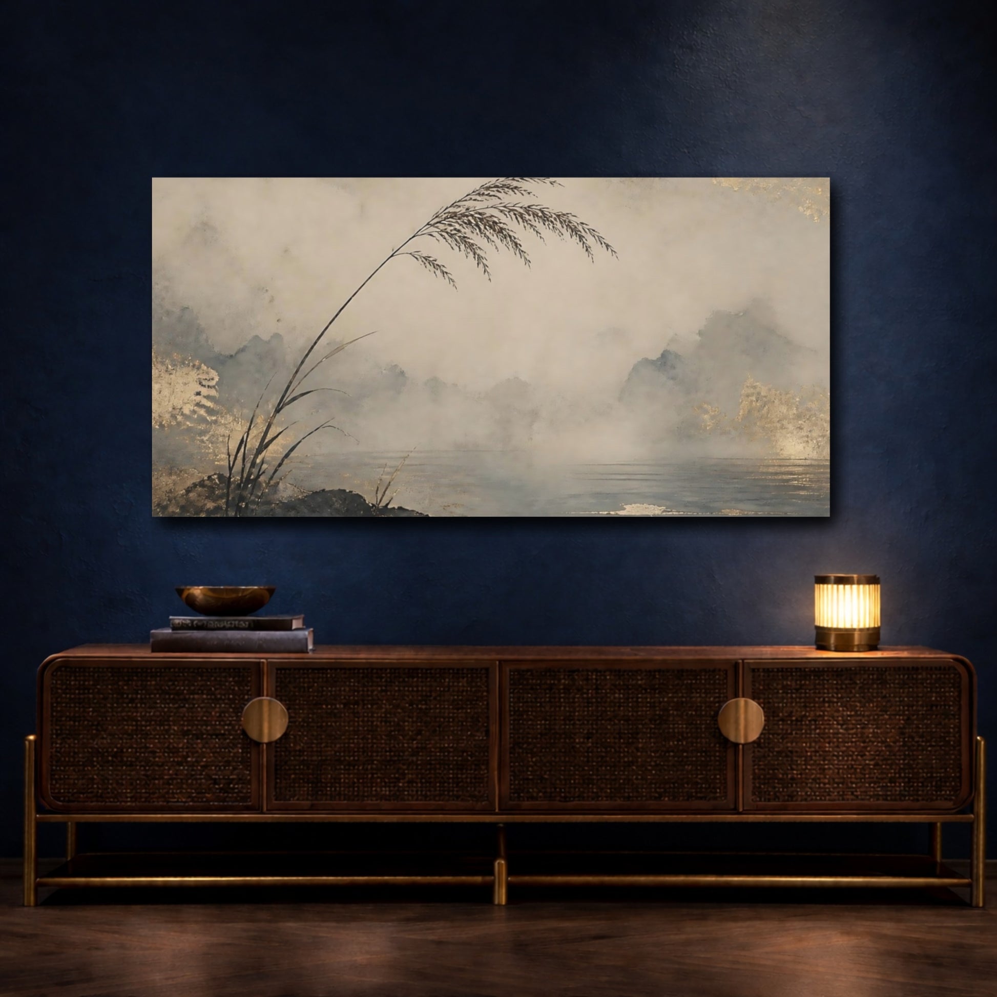 Mockup 4. Reeds By Misty Lake shown as canvas print