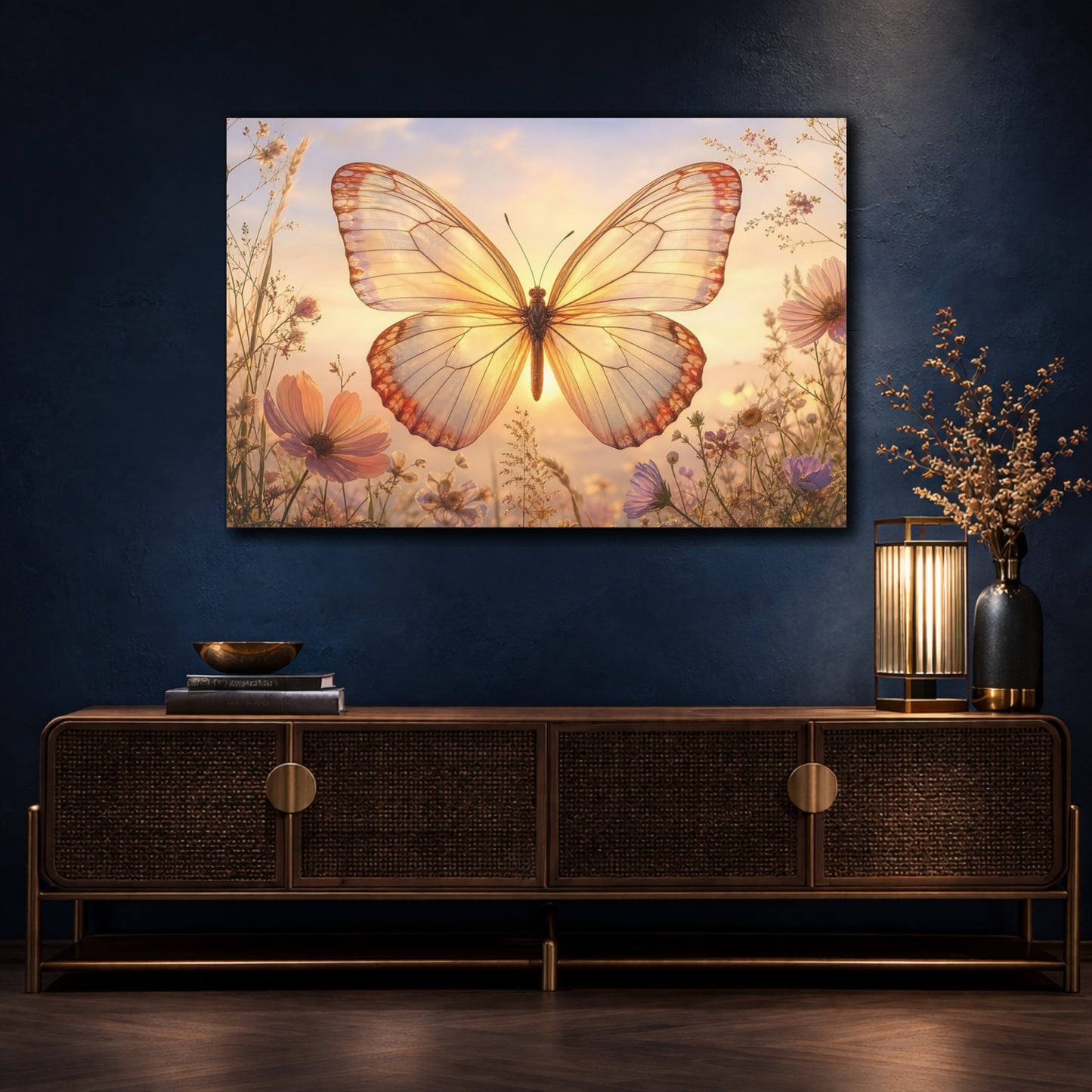 Mockup 2. Refined Minimal Butterfly Backlit Translucent Wings shown as stretched canvas wall art
