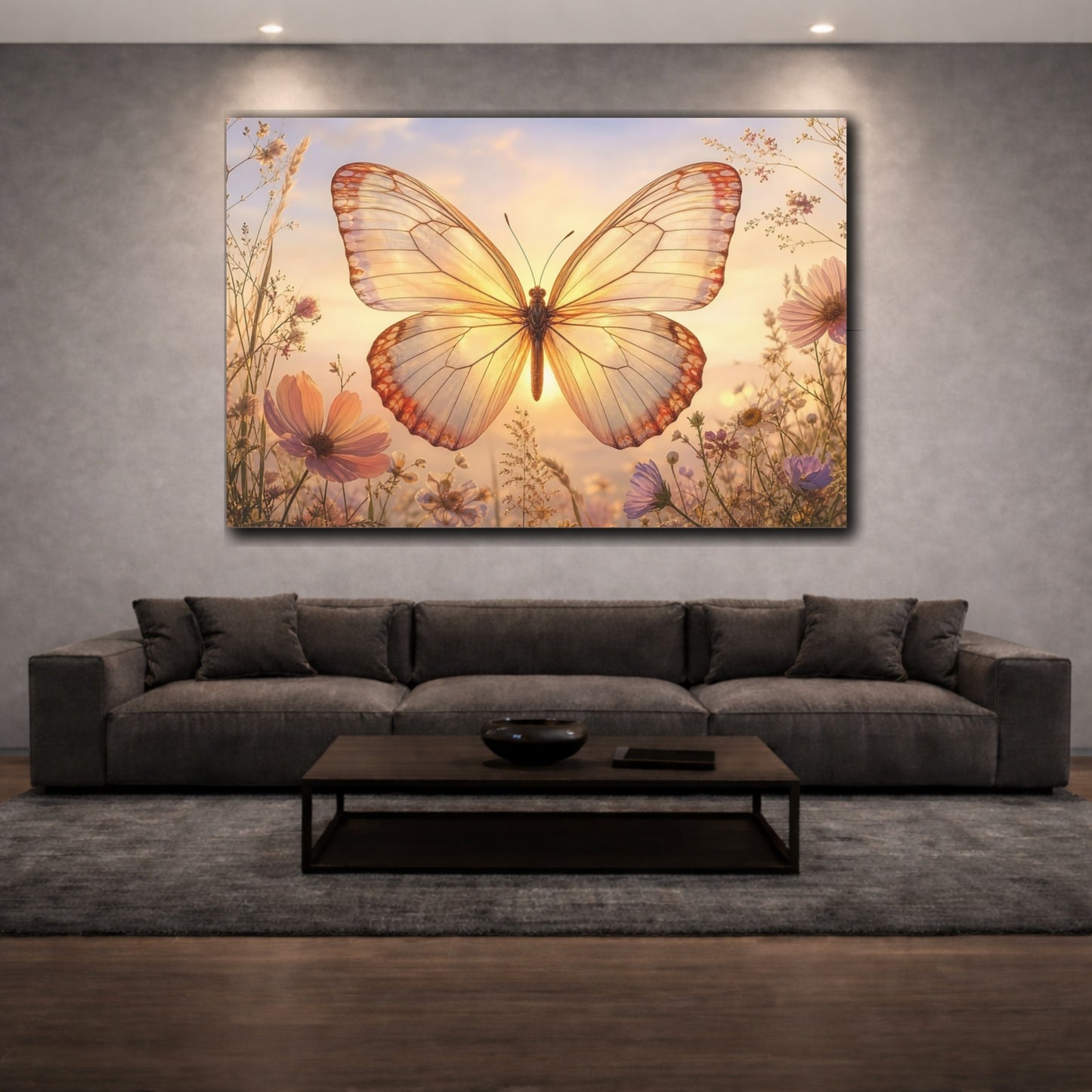 Mockup 3. Refined Minimal Butterfly Backlit Translucent Wings shown as stretched canvas wall art