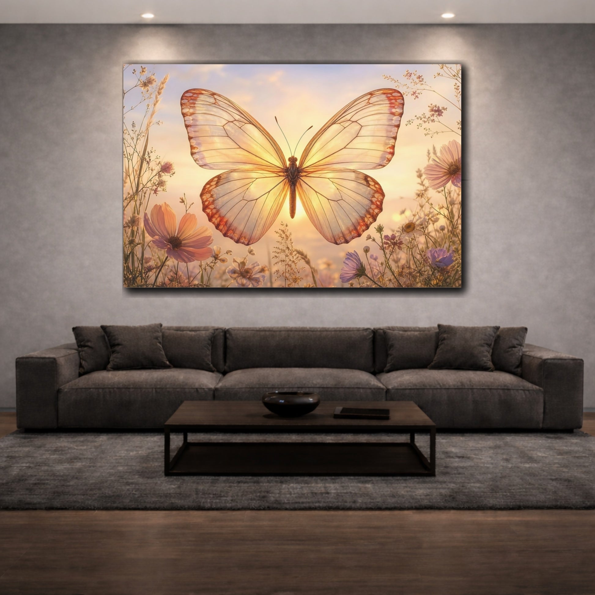 Mockup 3. Refined Minimal Butterfly Backlit Translucent Wings shown as stretched canvas wall art