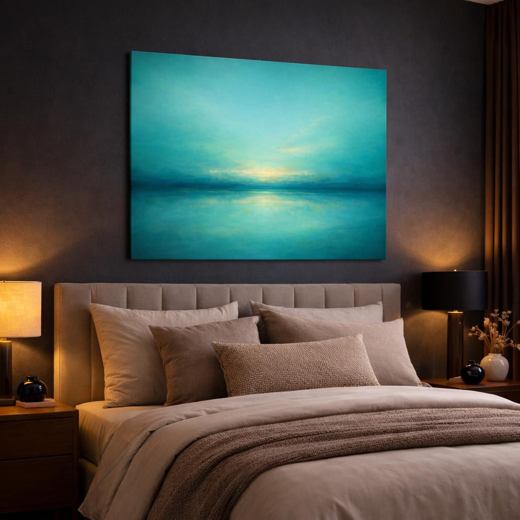 Refined Texture Abstract Turquoise shown as canvas wall art in a luxury bedroom