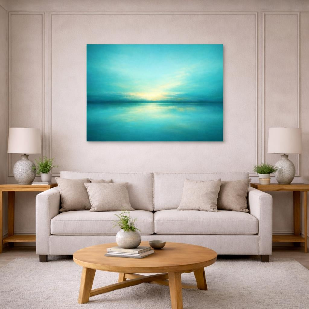 Refined Texture Abstract Turquoise shown as canvas wall art in a modern living room