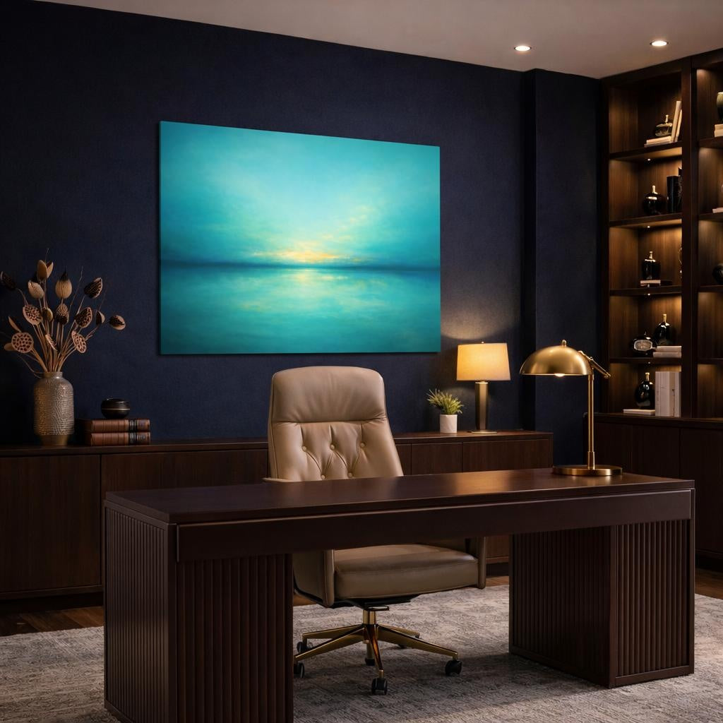 Refined Texture Abstract Turquoise shown as canvas wall art in a luxury executive office