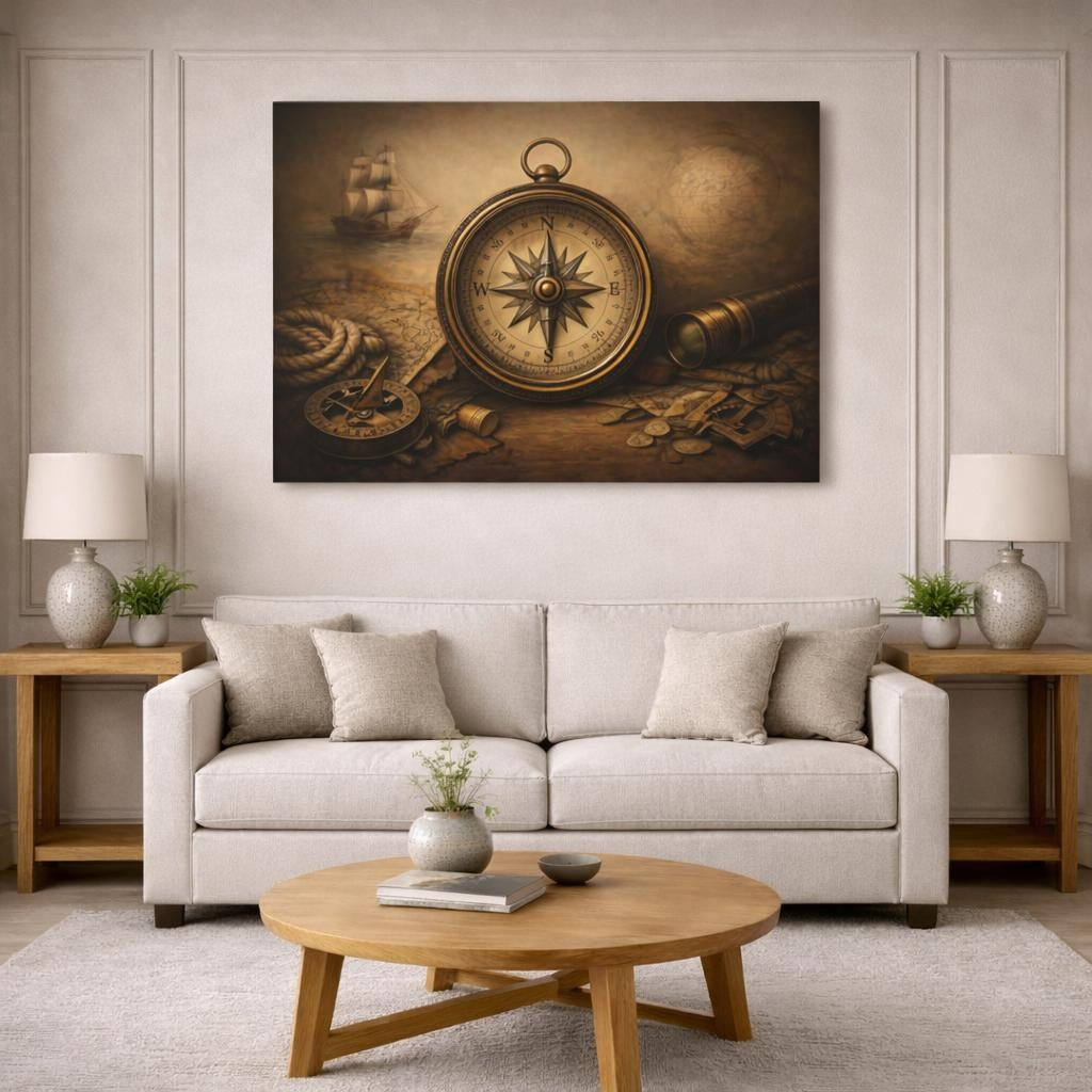 Refined Texture Antique Compass shown as canvas wall art in a modern living room