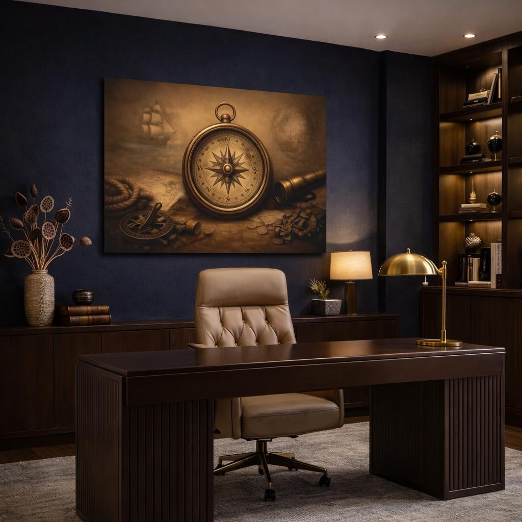 Refined Texture Antique Compass shown as canvas wall art in a refined dining room