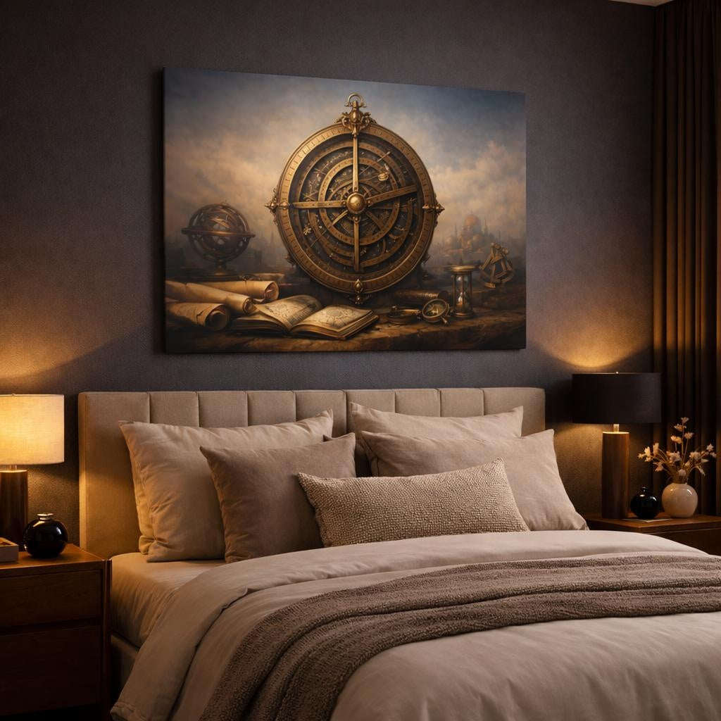 Refined Texture Astrolabe shown as canvas wall art in a luxury bedroom