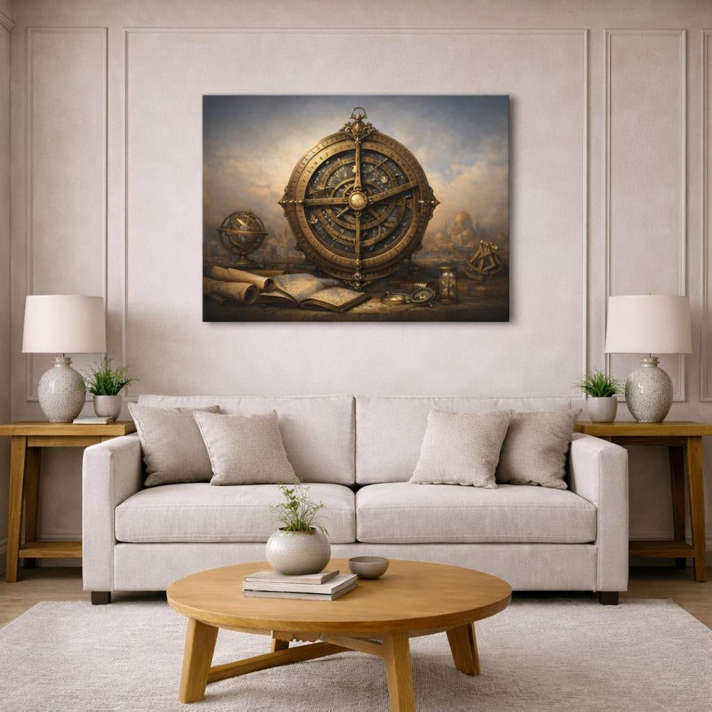 Refined Texture Astrolabe shown as canvas wall art in a modern living room