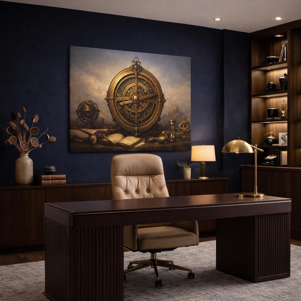 Refined Texture Astrolabe shown as canvas wall art in a refined dining room