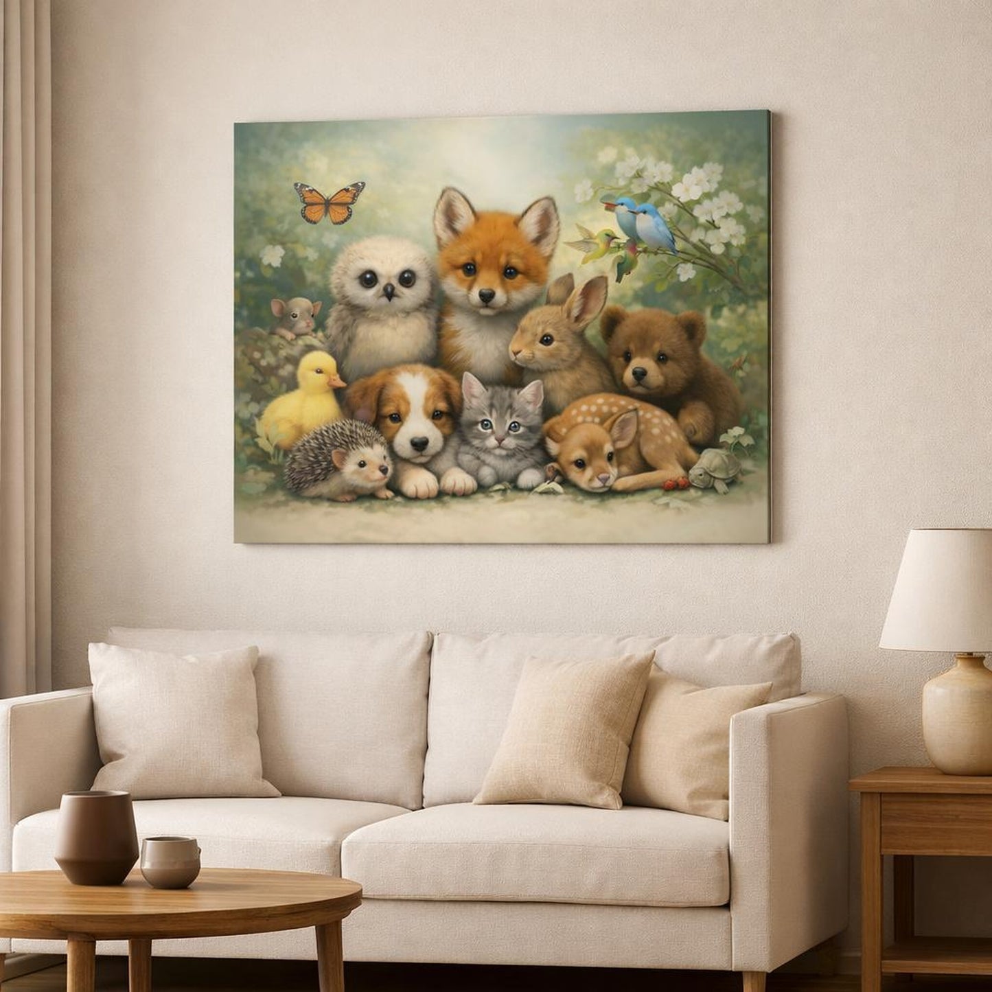Refined Texture Baby Animals shown as canvas wall art in a modern living room