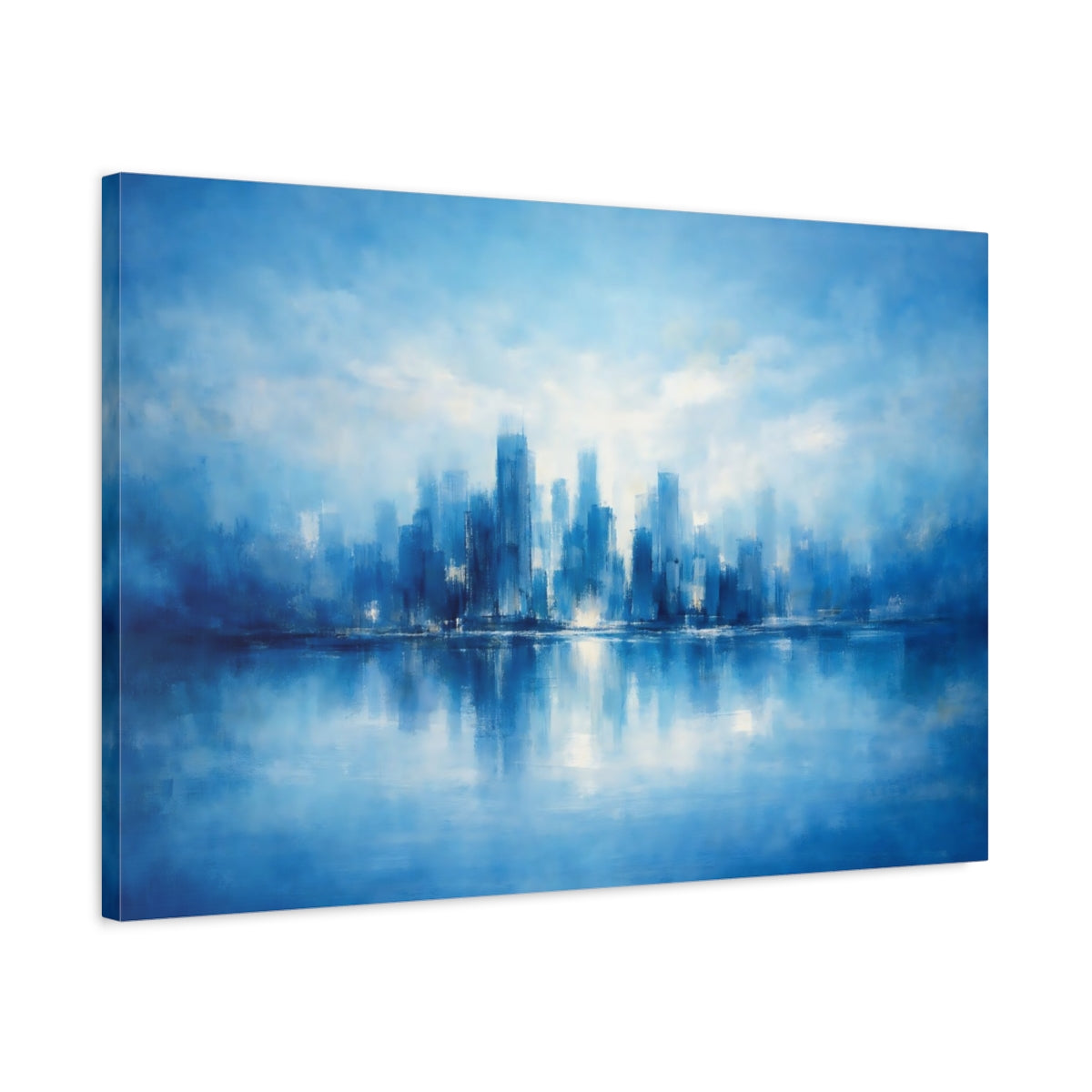 Side Mockup 2. Refined Texture Blue Abstract Skyline shown as stretched canvas wall art