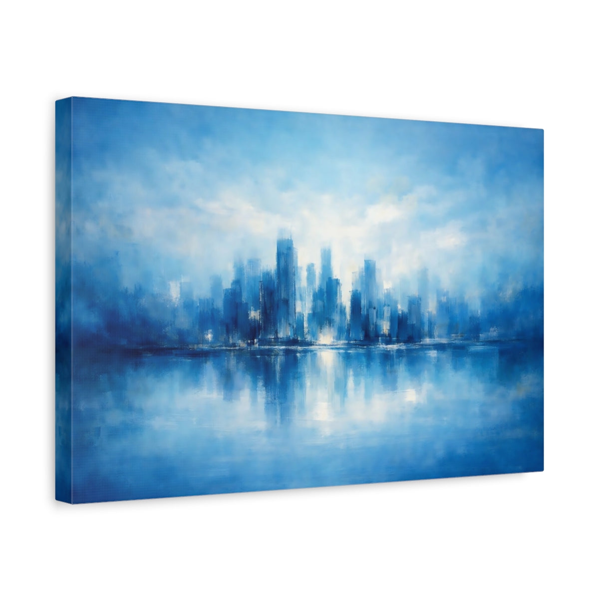 Side Mockup 4. Refined Texture Blue Abstract Skyline shown as stretched canvas wall art