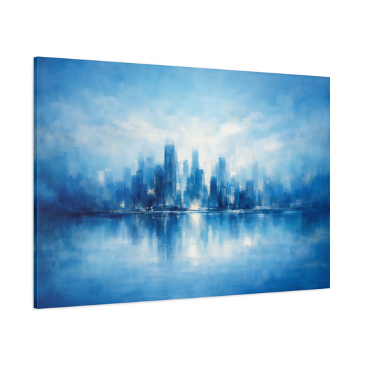 Main Mockup. Refined Texture Blue Abstract Skyline shown as stretched canvas wall art