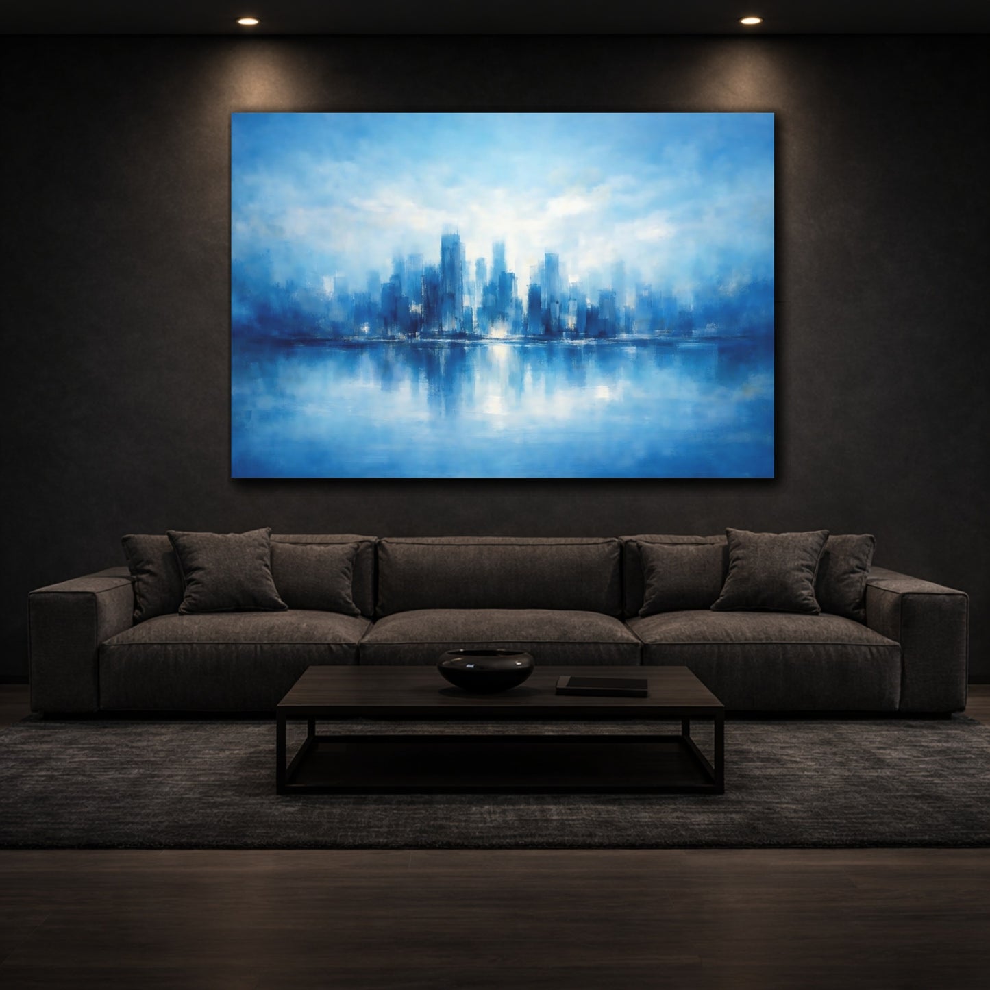 Mockup 2. Refined Texture Blue Abstract Skyline shown as stretched canvas wall art