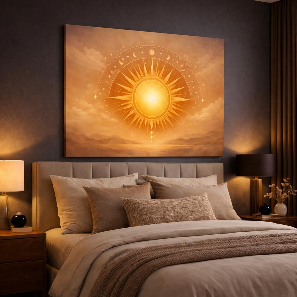 Refined Texture Boho Sun Symbol shown as canvas wall art in a luxury bedroom
