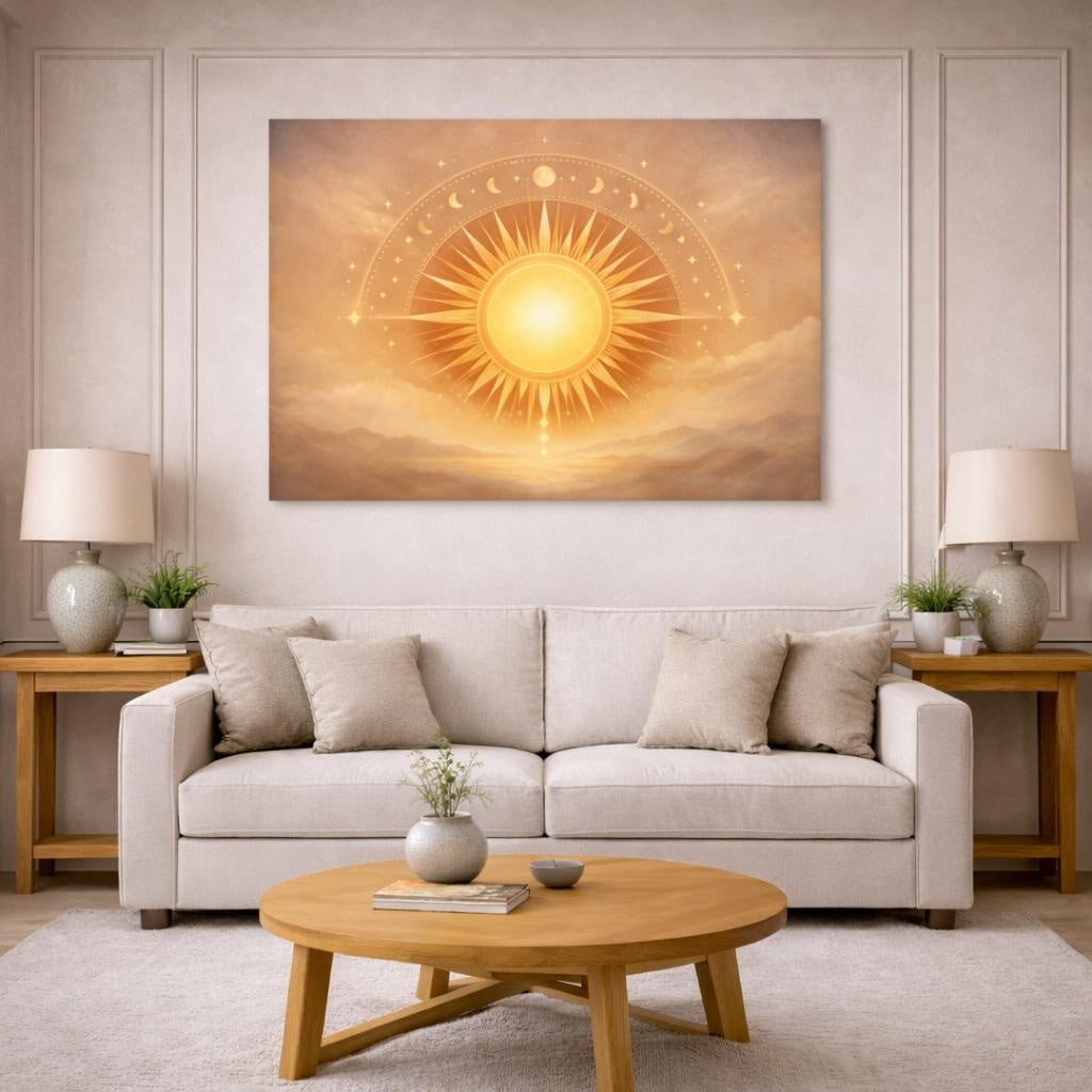 Refined Texture Boho Sun Symbol shown as canvas wall art in a modern living room