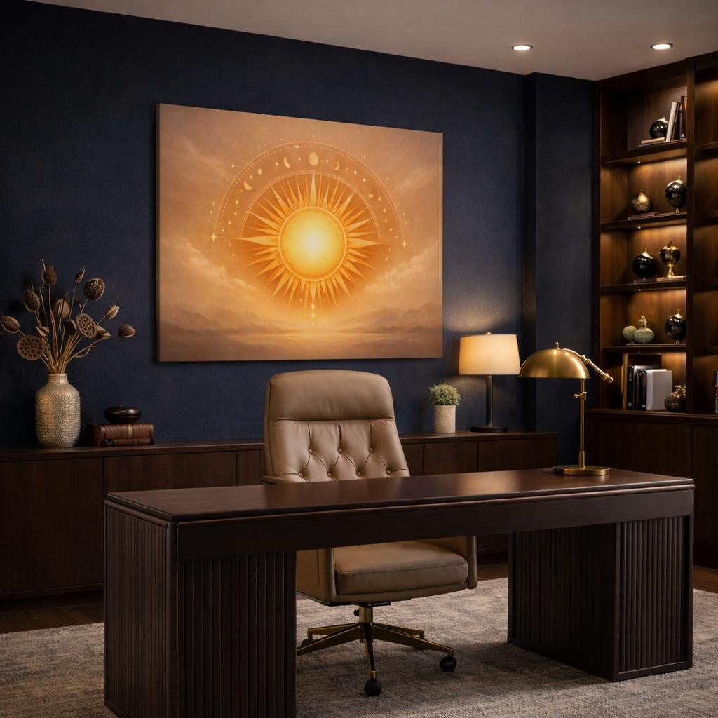 Refined Texture Boho Sun Symbol shown as canvas wall art in a refined dining room