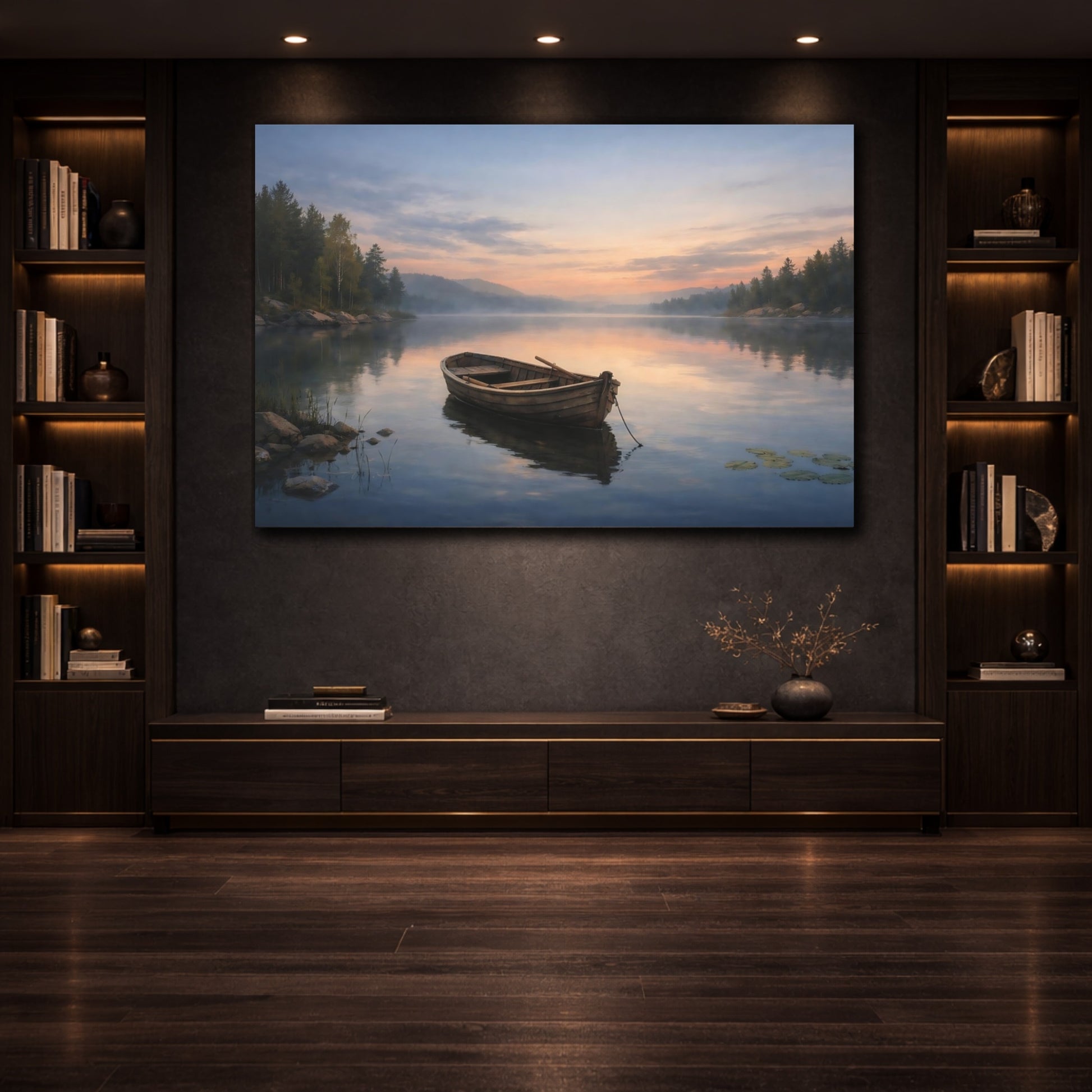 Mockup 2. Refined Texture Calm Lake shown as stretched canvas wall art
