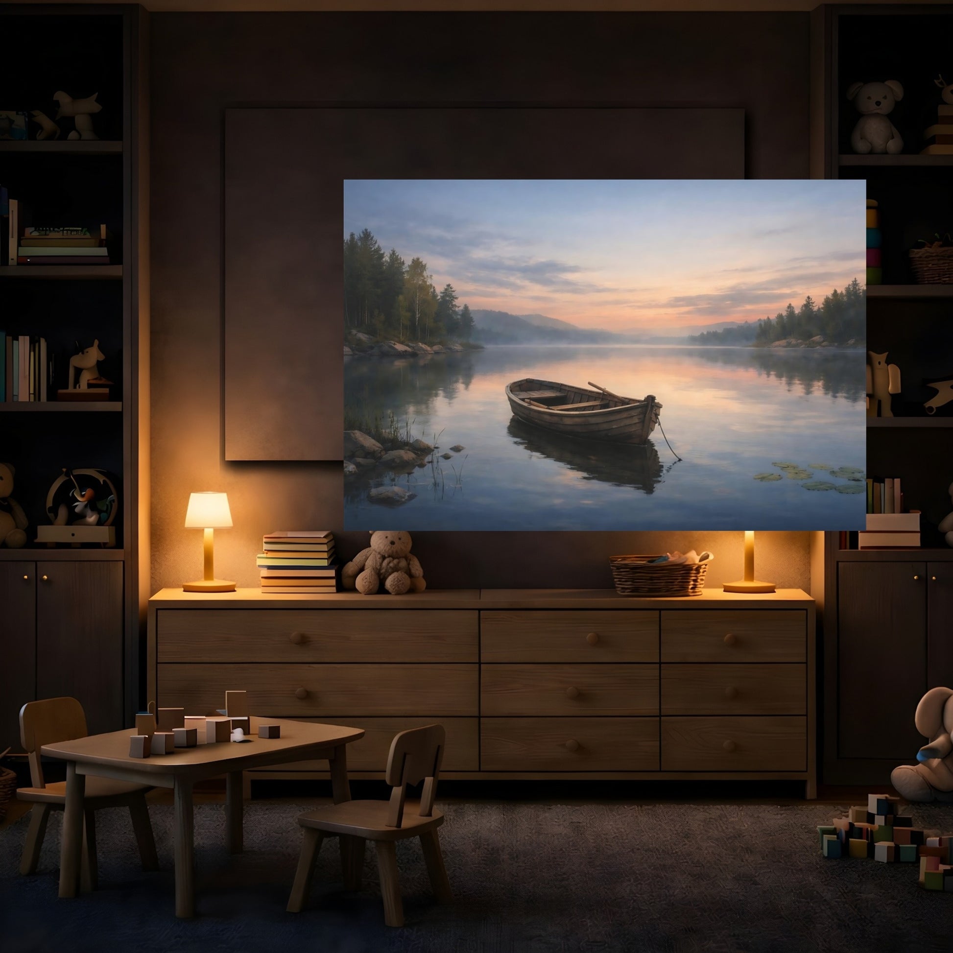 Mockup 3. Refined Texture Calm Lake shown as stretched canvas wall art