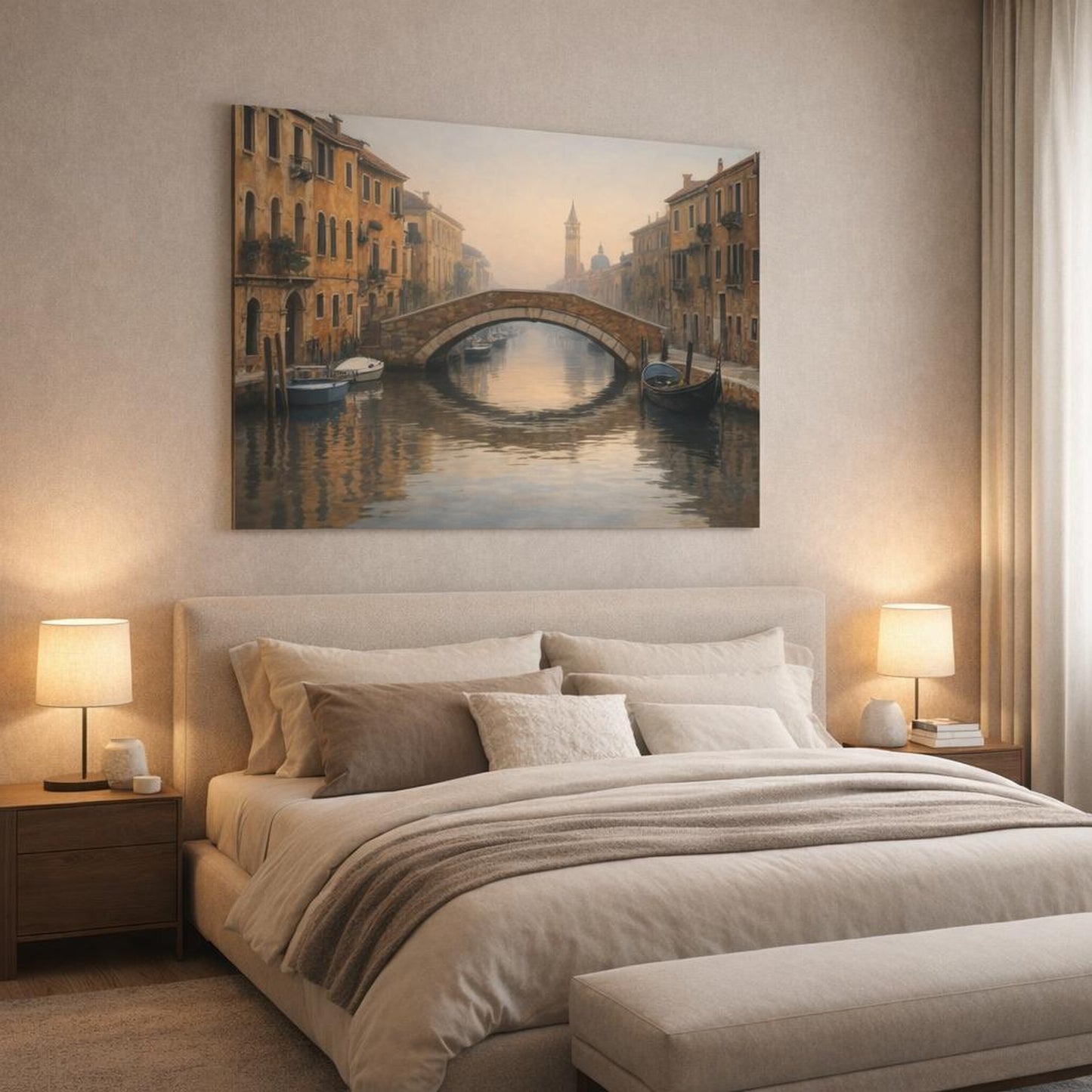 Refined Texture Canal Reflection shown as canvas wall art in a luxury bedroom