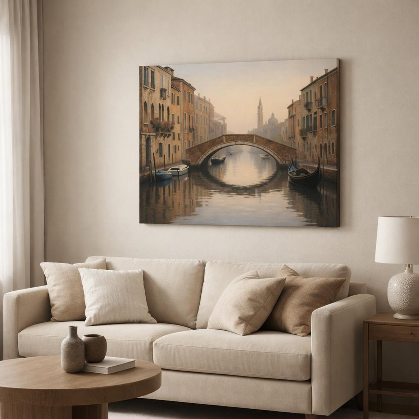 Refined Texture Canal Reflection shown as canvas wall art in a modern living room