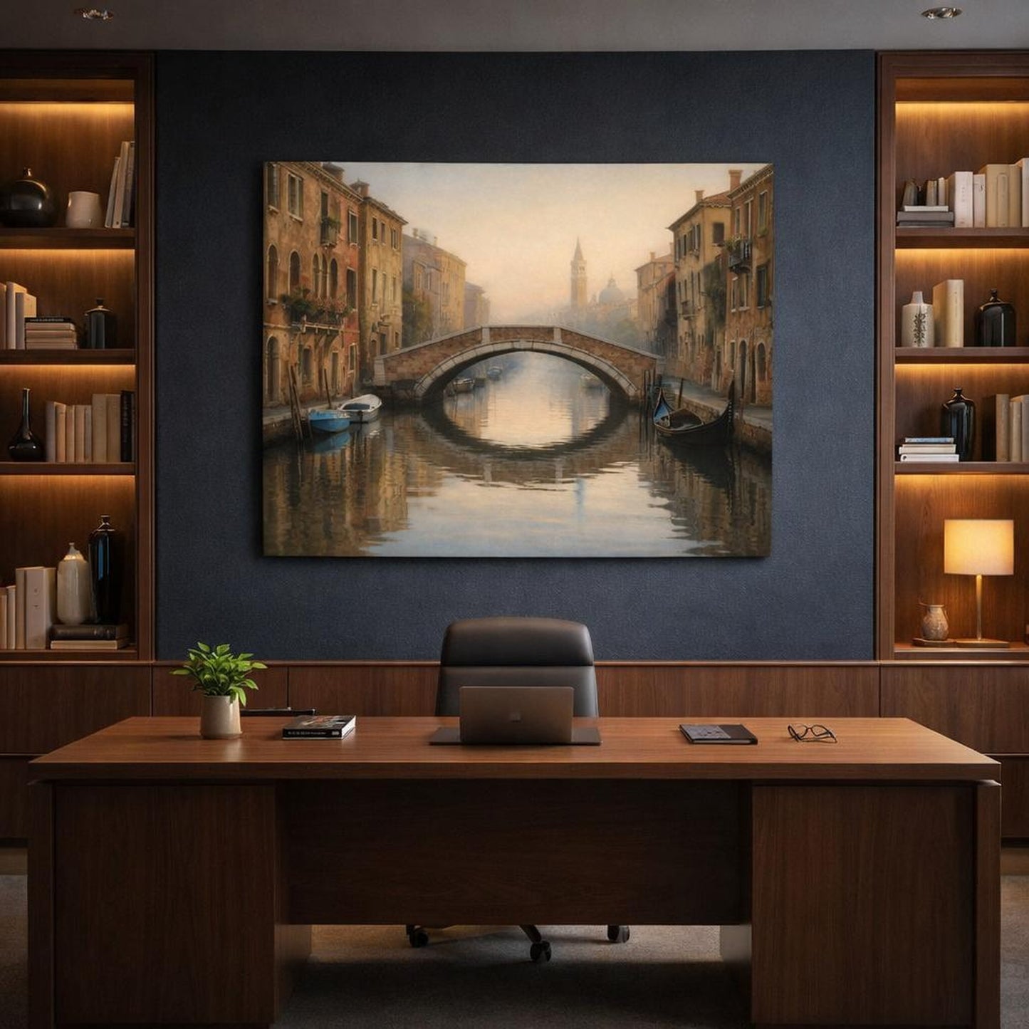 Refined Texture Canal Reflection shown as canvas wall art in a refined dining room